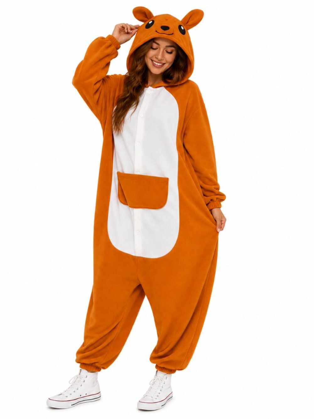 Orange Animal Kigurumi Kangaroo Costume Hooded One Piece Halloween Pajama Sz M